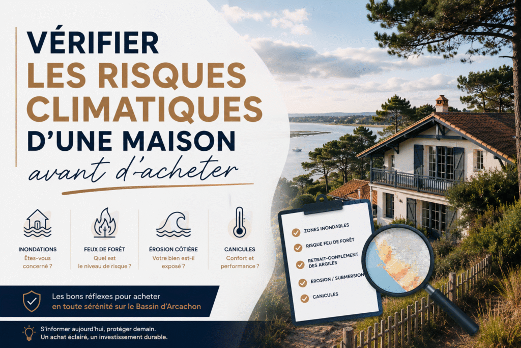 Vérifier les risques avant d'acheter une maison sur le Bassin d'Arcachon : checklist des risques climatiques (inondations, feux de forêt, érosion côtière, canicules)
