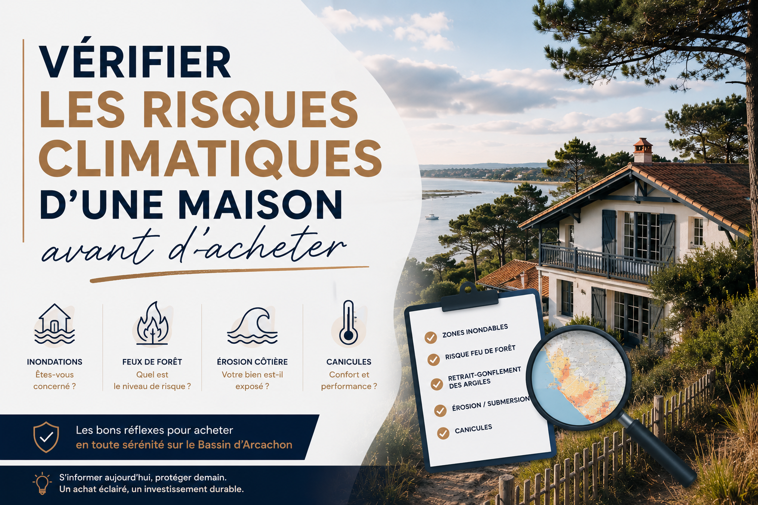 Vérifier les risques avant d'acheter une maison sur le Bassin d'Arcachon : checklist des risques climatiques (inondations, feux de forêt, érosion côtière, canicules)